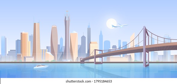 City bridge landscape vector illustration. Cartoon flat modern futuristic metropolis concept, downtown cityscape with high buildings construction skyscrapers, bridge infrastructure, flying air plane