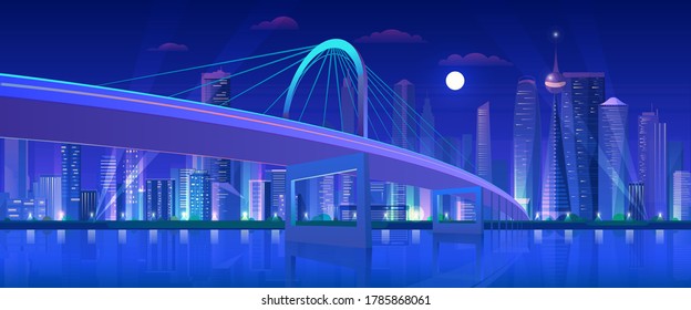 City bridge at night vector illustration. Cartoon flat modern urban neon futuristic skyline, cityscape tower skyscrapers downtown, highway bridge over water. Future waterfront landscape background