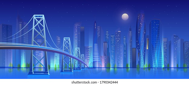 City bridge at night vector illustration. Cartoon flat modern urban skyline, blue futuristic cityscape with skyscrapers in neon lights, illuminated bridge. Future nightlife landscape background