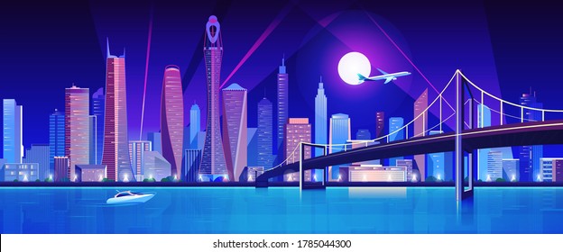 City bridge over water bay at night vector illustration. Cartoon flat modern bridge to downtown futuristic neon metropolis, downtown cityscape waterfront buildings, tower skyscrapers landscape view