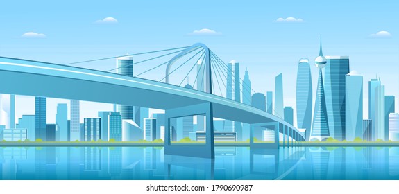 City bridge over water bay vector illustration. Cartoon flat modern new bridge to downtown futuristic metropolis, blue downtown cityscape with waterfront buildings, tower skyscrapers landscape view