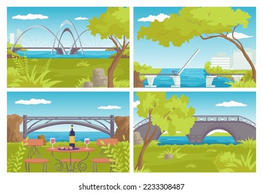 City bridge set design, vector illustration. Architecture building at urban landmark, road construction above river water.