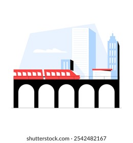 Puente De La Ciudad Con El Tren Que Cruza Sobre El Puente Arqueado En Marco Urbana, Ilustración vectorial Plana Que Simboliza El Transporte Público Y La Infraestructura, Aislado Sobre Fondo Blanco.