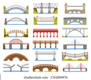 City bridge. Urban crossover bridge construction, truss and tied arch river bridge, carriageway architecture vector illustration icons set. Arch construction urban, railway construct bridge
