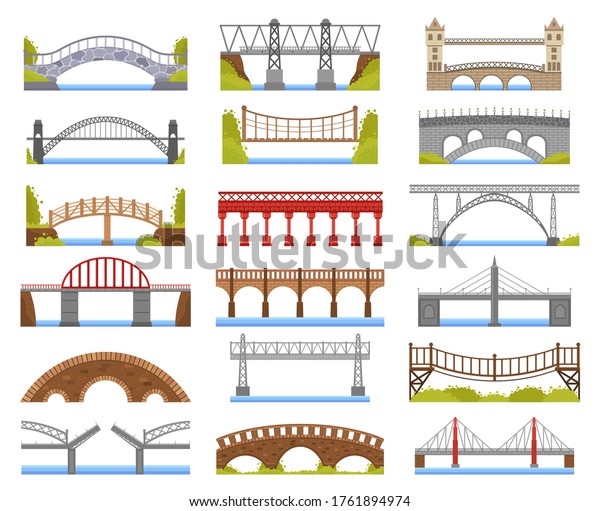 City bridge. Urban crossover bridge construction,\
truss and tied arch river bridge, carriageway architecture vector\
illustration icons set. Arch construction urban, railway construct\
bridge