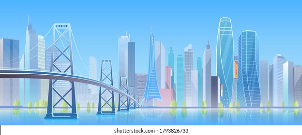 City bridge vector illustration. Cartoon flat modern urban blue futuristic skyline, cityscape with tower skyscrapers in downtown, highway bridge over water. Future waterfront landscape view background