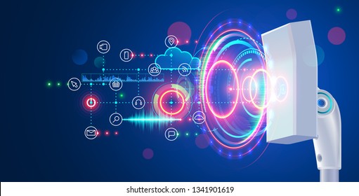 City broadband network technology concept. White high speed mobile Internet transmission tower transmit abstract communication signal. 5g wireless connection of telecommunication infrastructure.