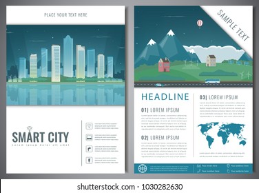 City brochure with urban landscape and suburb. Template of magazine, poster, book cover, banner, flyer. Big city and suburb life. Vector illustration