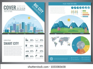 City brochure with urban landscape and suburb. Template of magazine, poster, book cover, banner, flyer. Big city and suburb life. Vector illustration