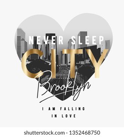 city Brooklyn slogan golden foil print on city heart shape illustration