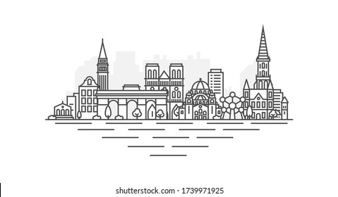 City of Brussels, Belgium architecture line skyline illustration. Linear vector cityscape with famous landmarks, city sights, design icons, with editable strokes isolated on white background.