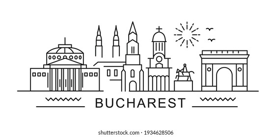 city of Bucharest in outline style on white. Landmarks sign with inscription.