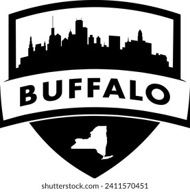 City of Buffalo New York black and white shield style city buildings silhouette shield graphic with knockout white outline of the state border shape under name. Vector eps design. 