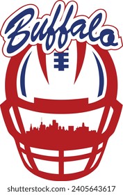 City of Buffalo New York downtown buildings skyline silhouette inside face mask of football helmet with laces and script lettering above. Vector eps graphic design.