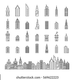 City builder vector illustration. City skyline and buildings. Collection of building icons in liner style