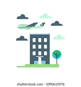 City, building and airplane vector illustration