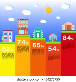 City building banner illustration with colorful icons infographics