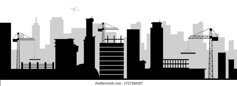 City building black silhouette seamless border. Under construction monochrome vector illustration. Skyscrapers and cranes decorative ornament design. Urban industrial scenery repeating pattern
