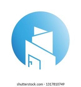city building in blue circle shape icon