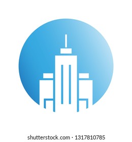 city building in blue circle shape icon