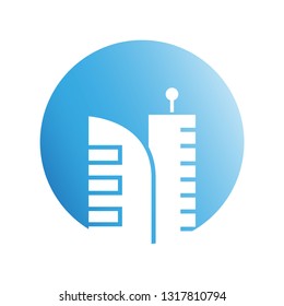city building in blue circle shape icon