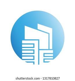city building in blue circle shape icon