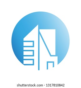 city building in blue circle shape icon