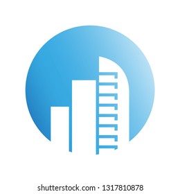 city building in blue circle shape icon