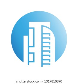 city building in blue circle shape icon