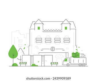 City building and car - modern line design style illustration on white background. Composition with street with residential building and shop on the ground floor. Urban style, architecture