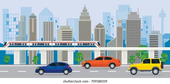 City Building with Cars on the Road and Sky Train, Side View, Transportation, Cityscape Skyline