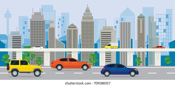 City Building with Cars on the Road and Expressway, Side View, Transportation, Cityscape Skyline