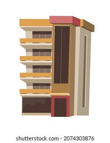 Edificio de la ciudad. Dibujo de estilo plano divertido. Aislado sobre fondo blanco. Edificio residencial con ventanas y balcones. Vector