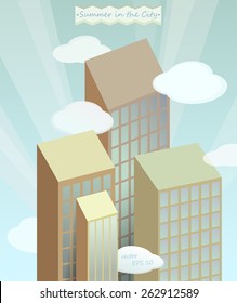 City. Building with clouds on sky background. Vector illustration