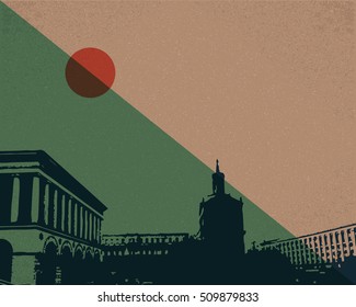 City. Building with columns. retro style design. Vintage poster. Silhouette. Creative poster with a City.  