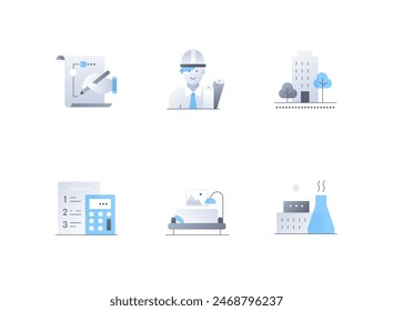 Edificio y diseño de la ciudad - conjunto de iconos de estilo de diseño plano. Imágenes coloridas de alta calidad de la disposición de la habitación, capataz en un casco, desarrollo urbano, estimación y calculadora, muebles interiores y fábrica