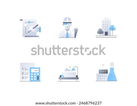 City building and design - flat design style icons set. High quality colorful images of room layout, foreman in a helmet, urban development, estimate and calculator, interior furniture and factory