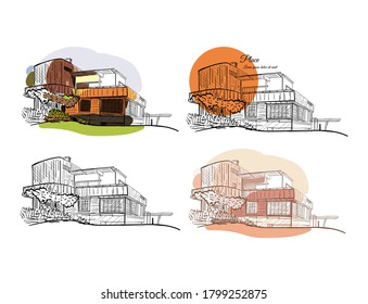 City building in different variations, monochrome, pastel, colored, with orange circle sketches. Drawing free hand. Decorative elements set, isolated vector illustration. 