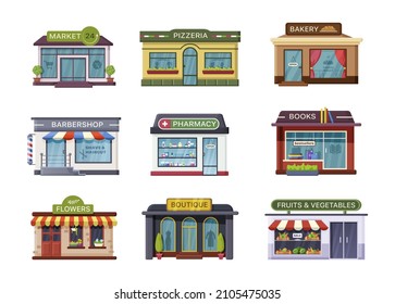 City building facade architecture set. Public service and shop architectural exterior title signpost market, pizzeria, bakery, barbershop, pharmacy, book store, flower, clothes boutique flat vector