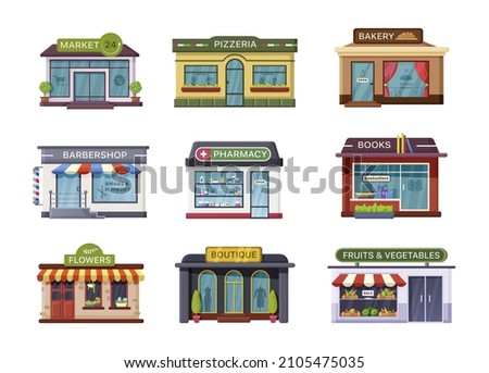 City building facade architecture set. Public service and shop architectural exterior title signpost market, pizzeria, bakery, barbershop, pharmacy, book store, flower, clothes boutique flat vector