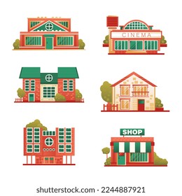 City Building Facades and Front Exterior as Urban Construction Vector Set