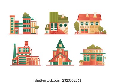 City Building Facades and Front Exterior as Urban Construction Vector Set