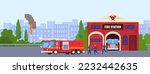 City building, fire station, emergency fire truck, vehicle safety, protection equipment, design, cartoon style vector illustration