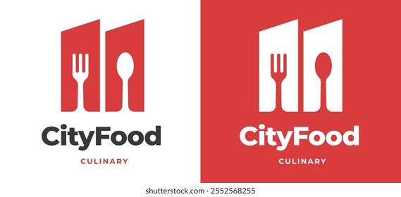 Edificio de la ciudad con tenedor y cuchara Logo Inspiración. Icono de construcción con tenedor y cuchara para la marca de restaurantes, cafeterías y servicios de alimentos. Ilustración del logotipo del Vector del restaurante.