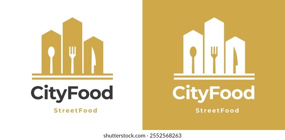 Edificio de la ciudad con tenedor y cuchara Logo Inspiración. Icono de construcción con tenedor y cuchara para la marca de restaurantes, cafeterías y servicios de alimentos. Ilustración del logotipo del Vector del restaurante.