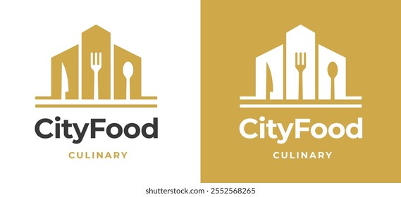 Edificio de la ciudad con tenedor y cuchara Logo Inspiración. Icono de construcción con tenedor y cuchara para la marca de restaurantes, cafeterías y servicios de alimentos. Ilustración del logotipo del Vector del restaurante.