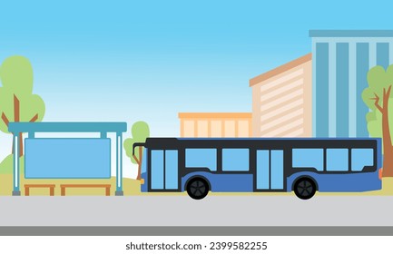 City building front yard with bus and busway stop, flat design background illustration 2D side view