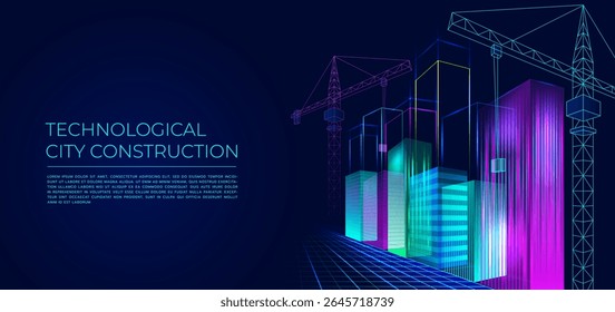 Edifício da cidade. Tecnologia do futuro. Inovações abstratas da IA digital. Plano de fundo 3D do site de arquitetura. Conceito de cubo inteligente para tecnologia. Guindaste de arame. Estrutura do arquiteto. Banner de linha de construção de vetor