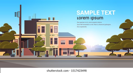 city building houses exterior modern town street in summer season sunset cityscape background horizontal flat copy space