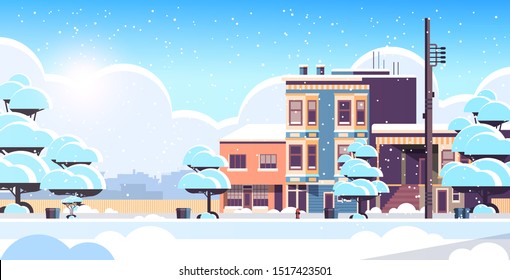 city building houses exterior modern town snowy street in winter season sunset snowfall cityscape background horizontal flat